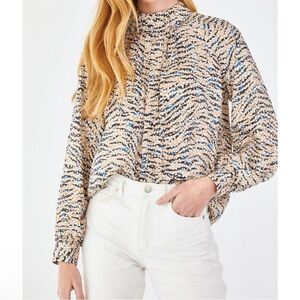 HUNTER BELL Beige Animal-Print Long-Sleeve Blouse with Blue Accents